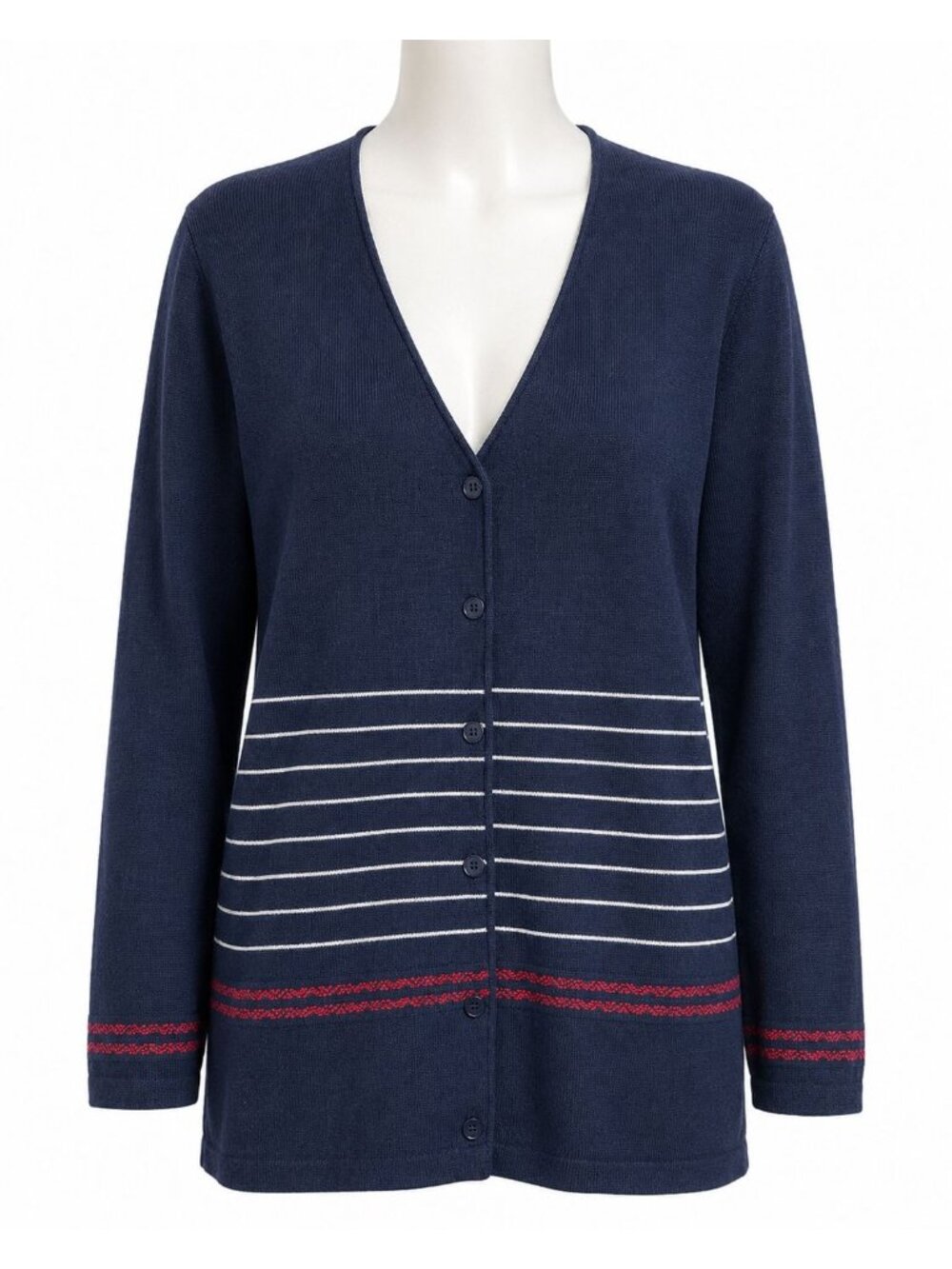 Women’s XL Navy Striped Button Cardigan Cotton Blend Nautical Preppy Coastal
